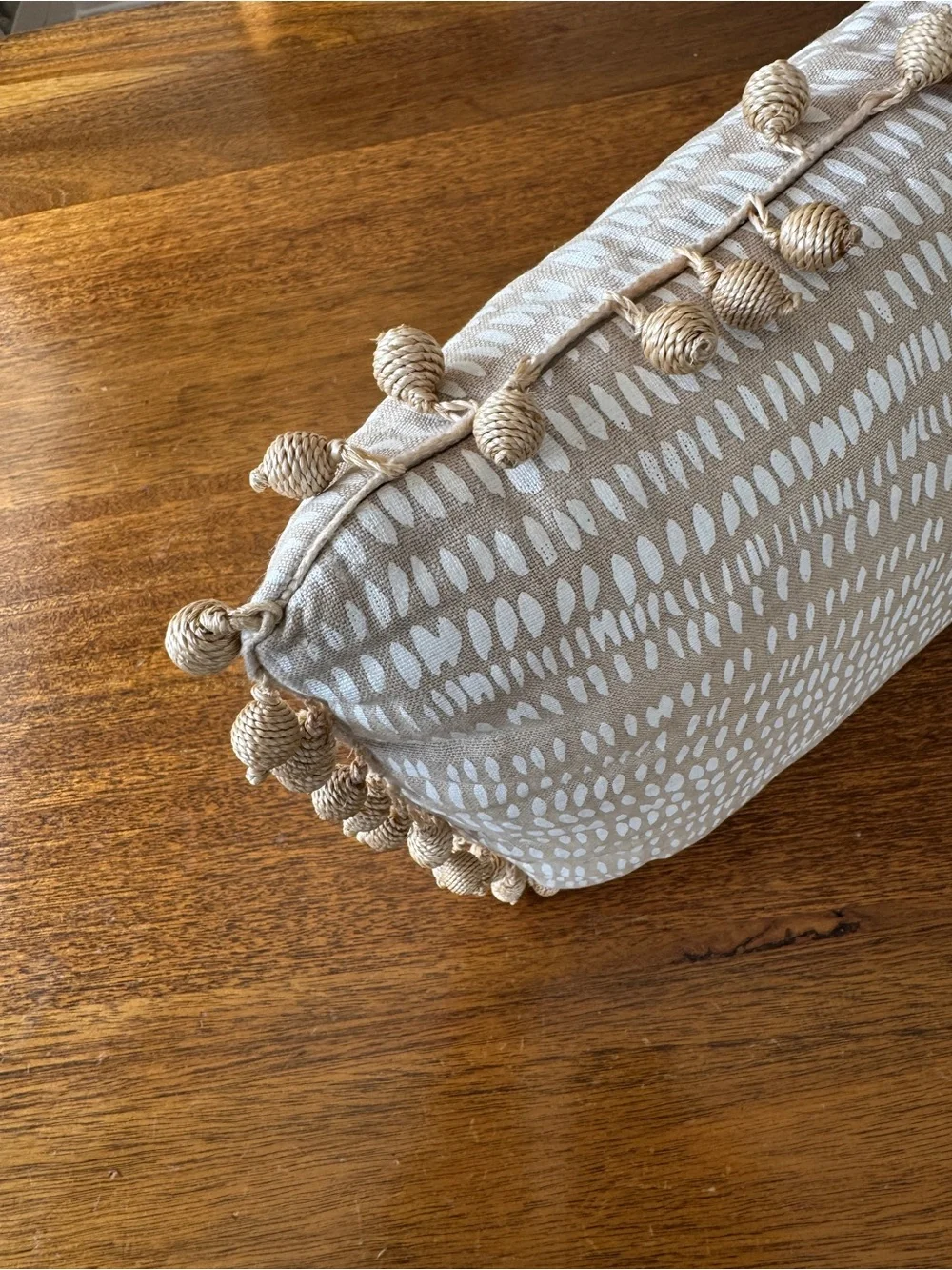 Custom Rebecca Atwood Lumbar Pillow with Jute Pom Pom Trim - 12x18